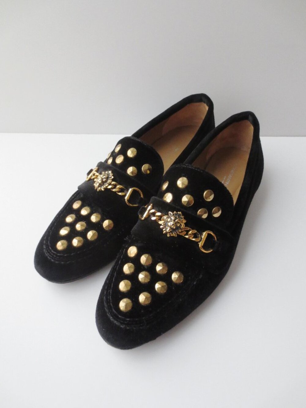 Konstantin Starke Black Leather Velvet Gold Studded Lion Bit Flat Loafers 36 6